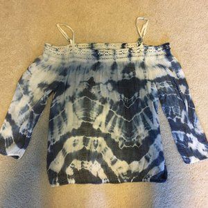 blue and white tie dye off the shoulder top